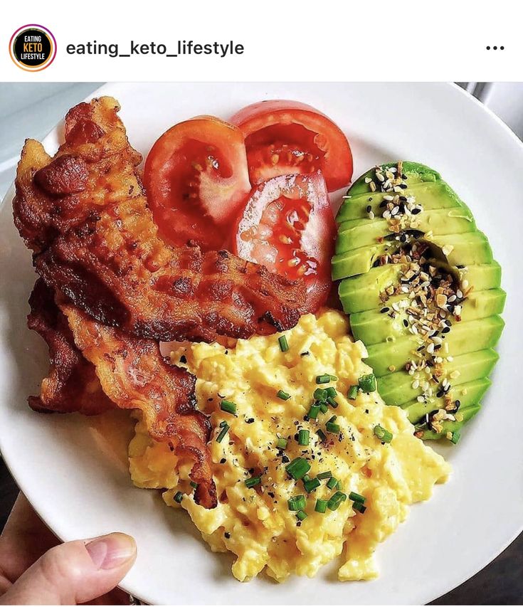 the plate has eggs, bacon, tomatoes and avocado on it