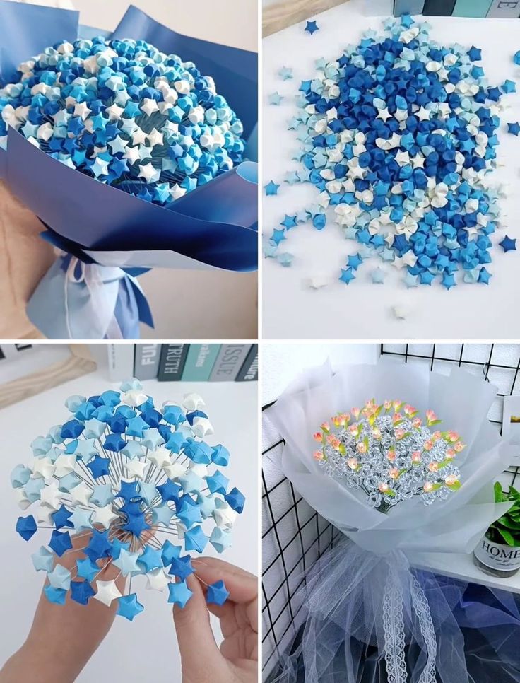 blue and white flowers are being made from plastic wrappers, ribbons, and bows