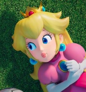 an overhead view of mario and princess peach in the grass with a soccer ball next to them