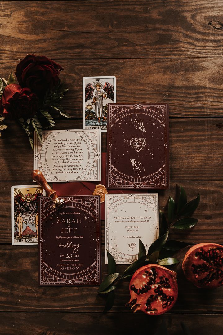 Tarot card inspired wedding invitation suite Tarot Card Wedding, Dark Wedding Invitations, Witch Wedding, Dark Wedding Theme, Forest Theme Wedding, Creative Wedding Invitations, Celestial Wedding, Dark Wedding, Future Wedding Plans