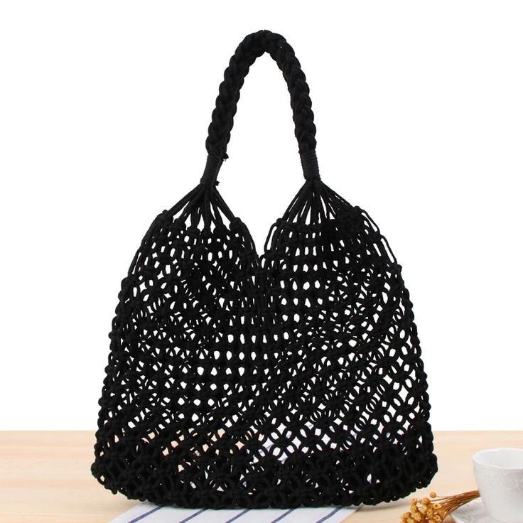 Cotton Tote Bag Rope Hollow Straw Bag Sheer Macrame – Women Clothing Online Store21 Cotton Beach Bag, Street Ware, Braided Bag, Straw Beach Bag, Rope Weave, Braid Designs, Rattan Bag, Lv Bags, Tote Bags Handmade