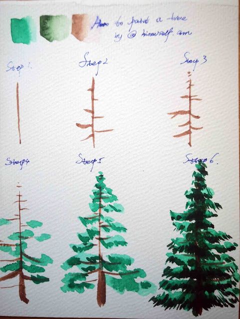 an image of pine trees drawn with watercolors on white paper and colored pencils