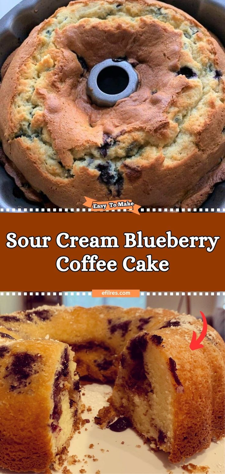 sour cream blueberry coffee cake is cut in half