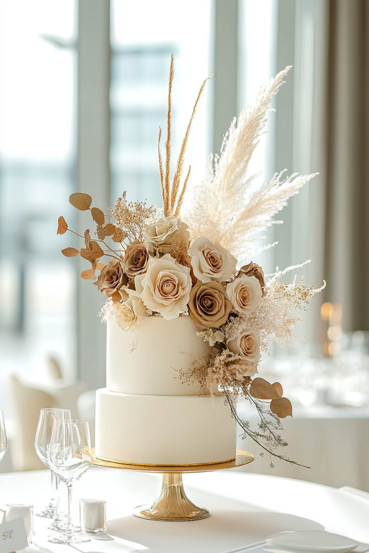 a wedding cake with flowers and feathers on the top is sitting on a table next to wine glasses