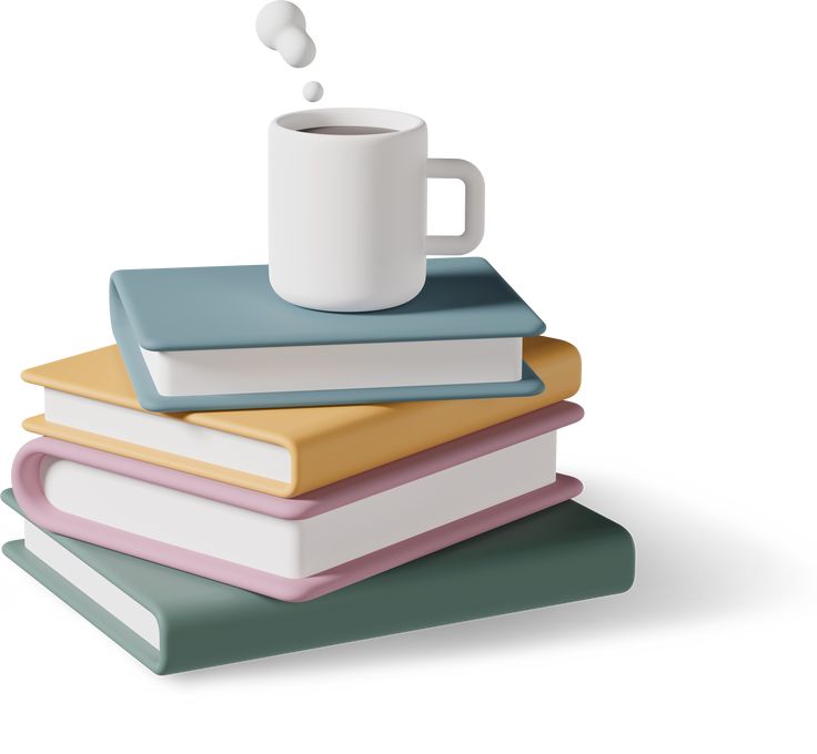 a stack of books with a mug on top