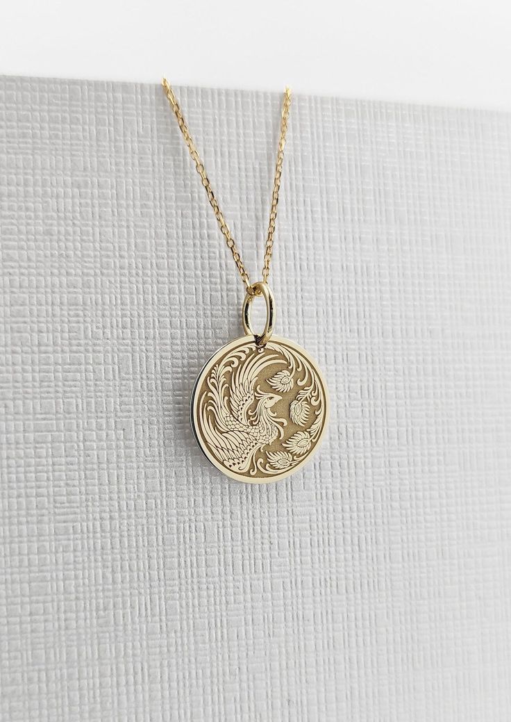 Phoenix Jewelry, Phoenix Necklace, Solid Gold Necklace, Bird Necklace, Jewelry Care Instructions, Jewelry Personalized, Bird Pendant, Personalized Pendant, Gold Coin