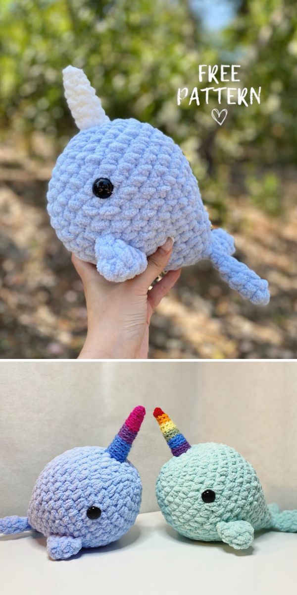 two crocheted stuffed animals that look like narwhales