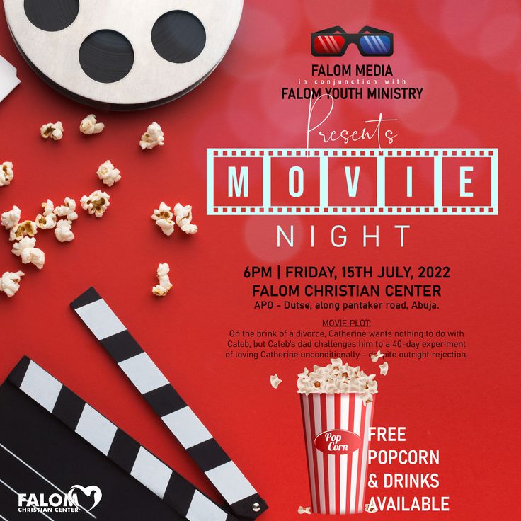 a movie night flyer with popcorn, film reel and clapsticks on a red background