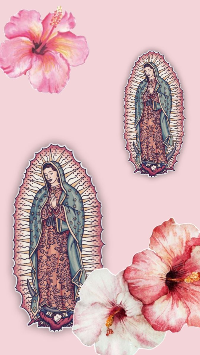 the virgin mary and flower are on pink paper with two flowers in front of it