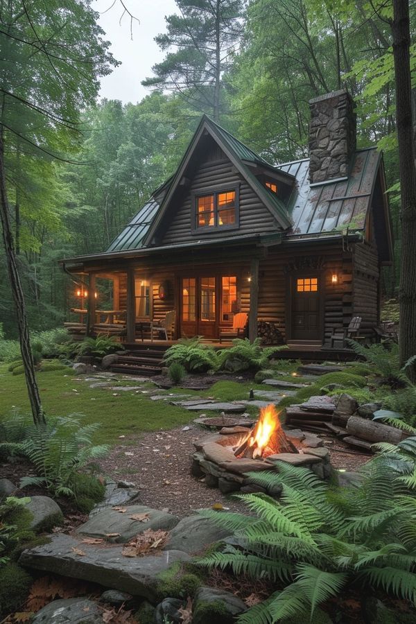 a cabin in the woods with a fire pit