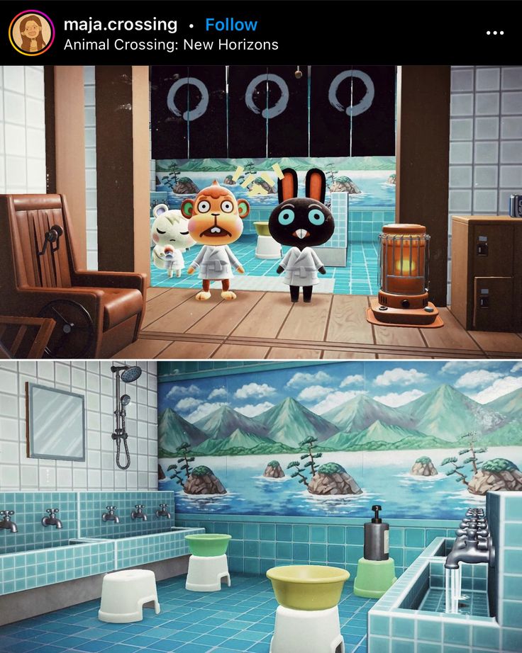 two pictures of the same room in animal crossing, and another photo of what appears to be a bathroom