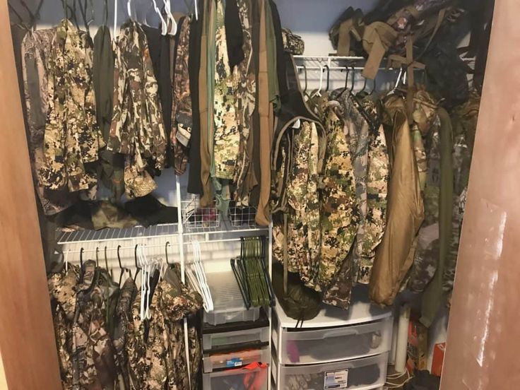 Hunting Room Storage Organization Ideas, Hunting Organization Storage, Hunting Closet Organization, Hunting Clothes Storage, Hunting Gear Closet, Hunting Gear Organization, Hunting Room Storage, Hunting Closet, Hunting Rooms