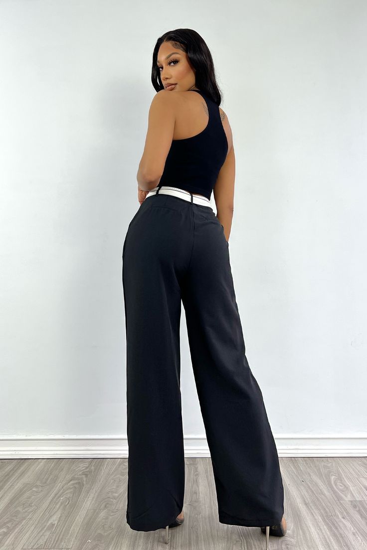 Baggy fit work pants featuring rolled waistband design look for a edgy look Zipper closure Runs true to size 100% Polyester Model is in size S Height: 5'7" Bust: 32" Waist: 26" Hips: 38" Black High Waist Wide Leg Pants For Work, Casual Black Wide Leg Office Pants, Black Wide Leg Pants With Belt Loops For Work, Casual Black Wide Leg Pants For Office, Trendy Black Dress Pants For Work, Black Cargo Pants For Workwear With Straight Leg, Chic Black Straight Cargo Pants, Black Cargo Pants For Workwear, Black High Waist Wide Leg Pants For Business Casual