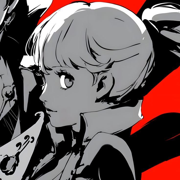 two anime characters are standing next to each other in front of red and black background