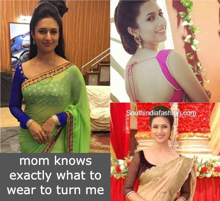 three different pictures of women in sari and blouses with the caption, mom knows exactly what to wear to turn me