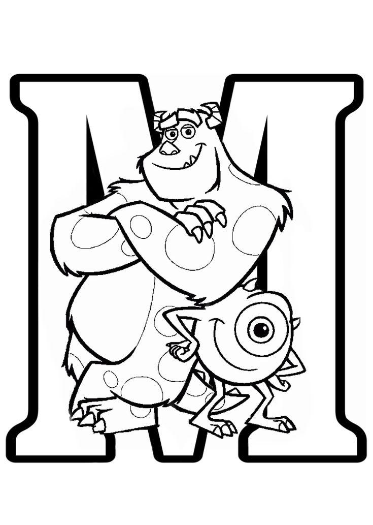 the letter m is for monsters coloring page with an image of two monsters in front of it