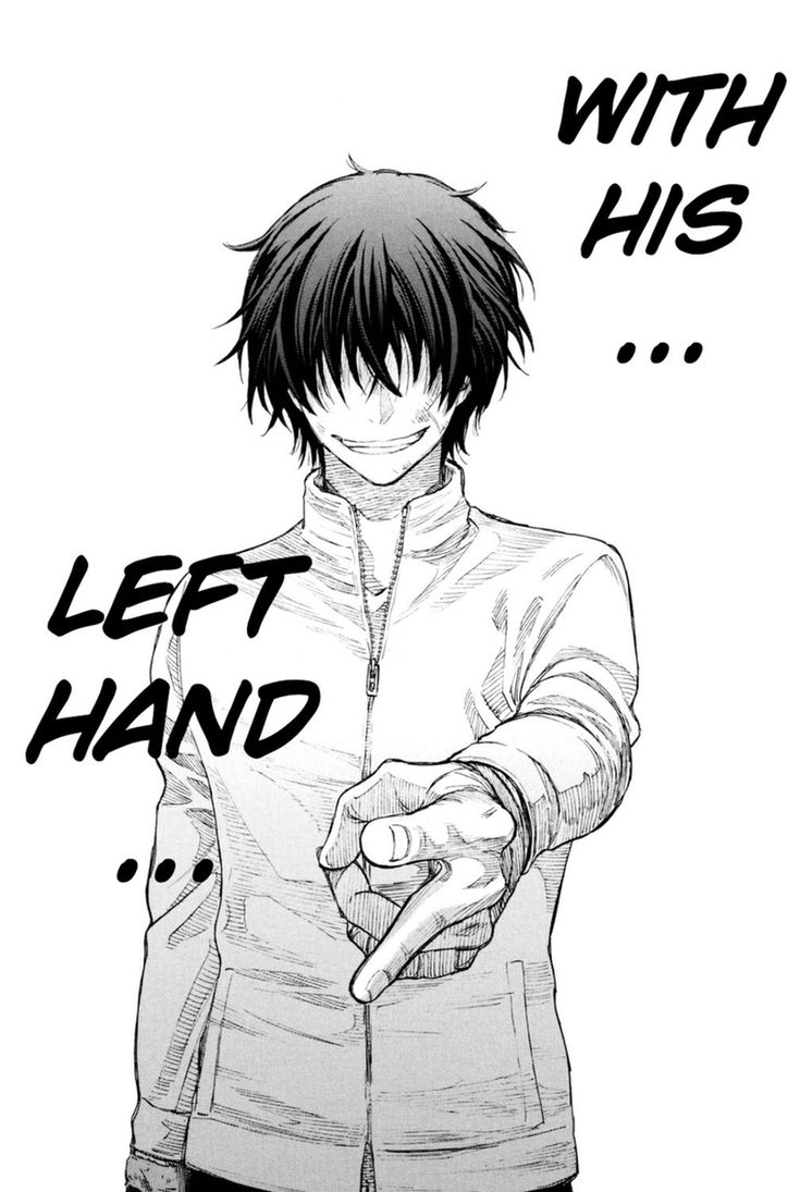 an anime character pointing at something with his hand and the words left hand written on it