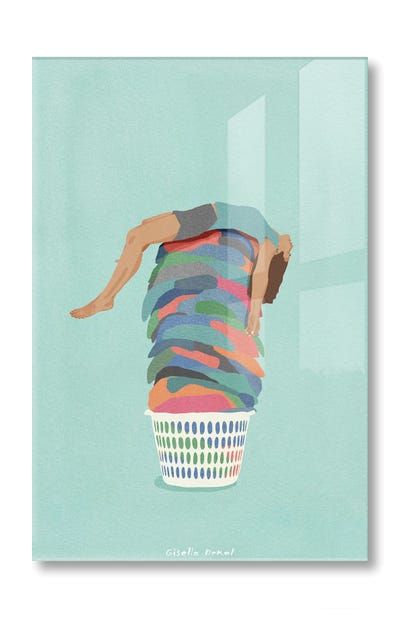 a man is hanging upside down in a laundry basket