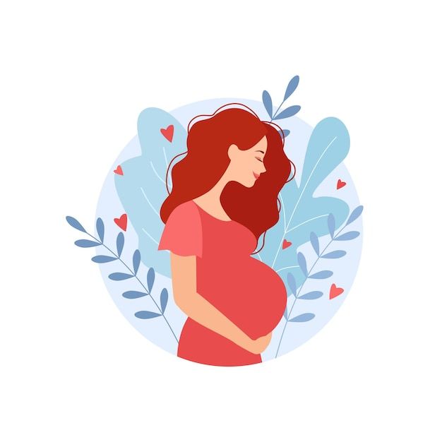 a pregnant woman with red hair is standing in front of blue leaves and hearts on her stomach