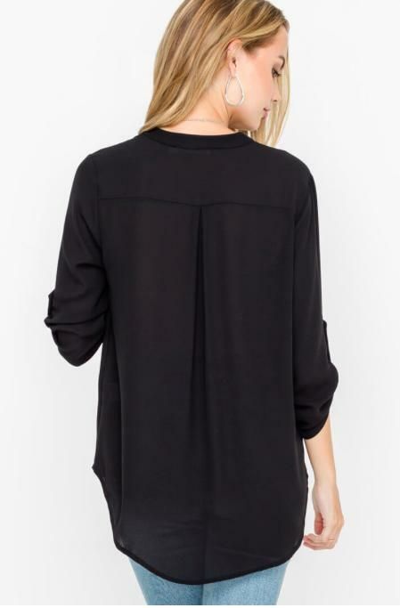 Final Sale - Get it before it's gone! The See That Girl Black Roll Tab Sleeve Top is ready for sunny days and walks in the park! This lightweight flowy tunic top top pairs a silky woven material with button-tab quarter sleeves, a split, deep V-neckline, and a rounded high-low hemline. DETAILS & CARE Polyester. Machine wash cold. Imported. Versatile Fall Blouse With Roll-up Sleeves, Solid Color Viscose Blouse For Fall, Solid Viscose Blouse For Fall, Casual Black Flowy Blouse, Fall Day Out Rayon Tops, Rayon Tops For Fall Day Out, Fall Rayon Tops For Day Out, Chic Rayon Tops With Shirttail Hem, Black Relaxed Fit Blouse With 3/4 Sleeve