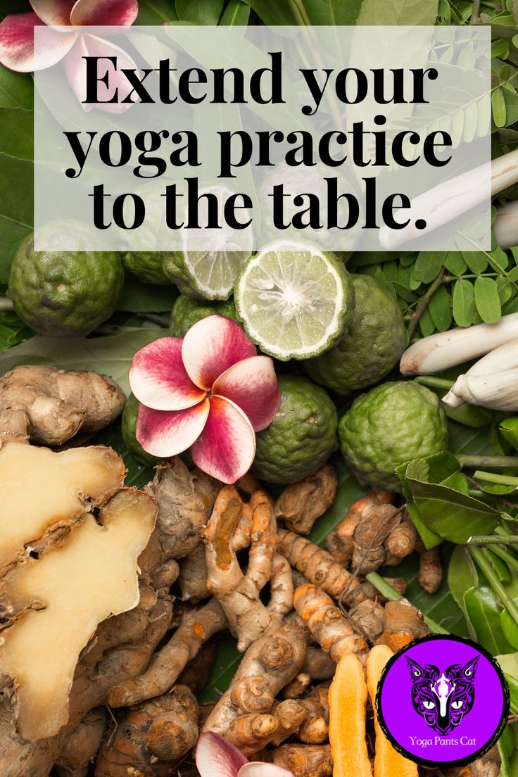 the words extend your yoga practice to the table are surrounded by fresh fruits and vegetables