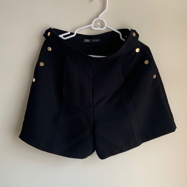 Zara High Waist Black Dress Shorts With Gold Buttons. Size M. Never Worn. Elegant Black Shorts For Work, Black Shorts With Buttons For Spring, Elegant Buttoned Shorts For Spring, Chic Black Shorts With Buttons, Elegant Black Shorts For Going Out, Elegant Black Shorts For Date Night, Zara Black Shorts For Night Out, Chic Black Zara Shorts, Elegant Black Zara Shorts