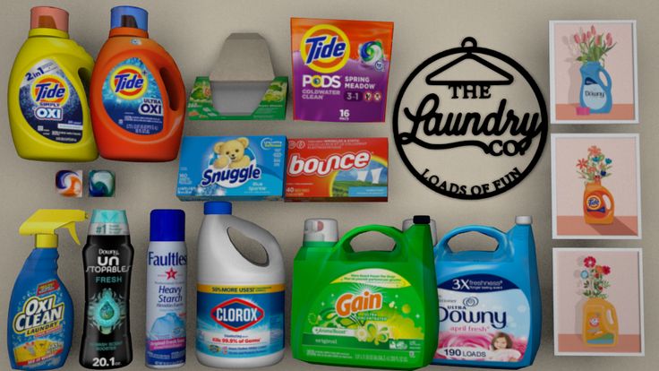 several different types of cleaning products are arranged on a wall with the laundry company logo above them