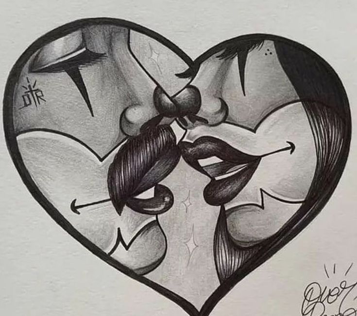 a drawing of two people kissing in the shape of a heart with an arrow pointing to each other