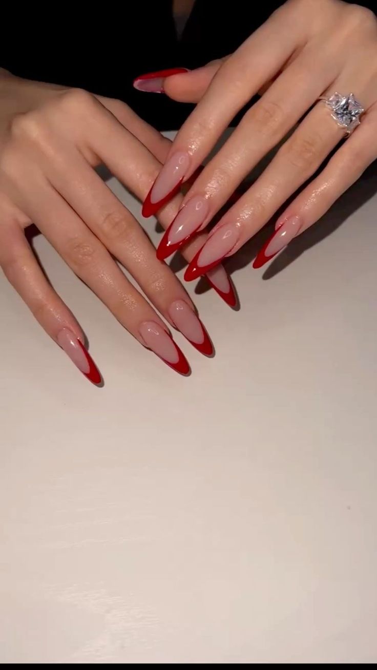 Nail French Oval, Ombre Red French Tip Nails, New Year’s Nails Almond, Red Prom Nails Acrylic Almond, Red French Tip Almond Nails Long, Classy Almond Christmas Nails, Crimson French Tip Nails, Long Almond Red French Tip Nails, French Design Almond Nails