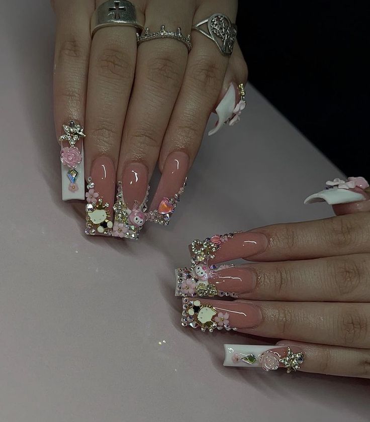 Junk Nails Bling, Junk Nails, Punk Nails, Girly Acrylic Nails, Pretty Gel Nails, Really Cute Nails, Long Acrylic Nails Coffin, Acrylic Nails Coffin Pink, Bling Acrylic Nails