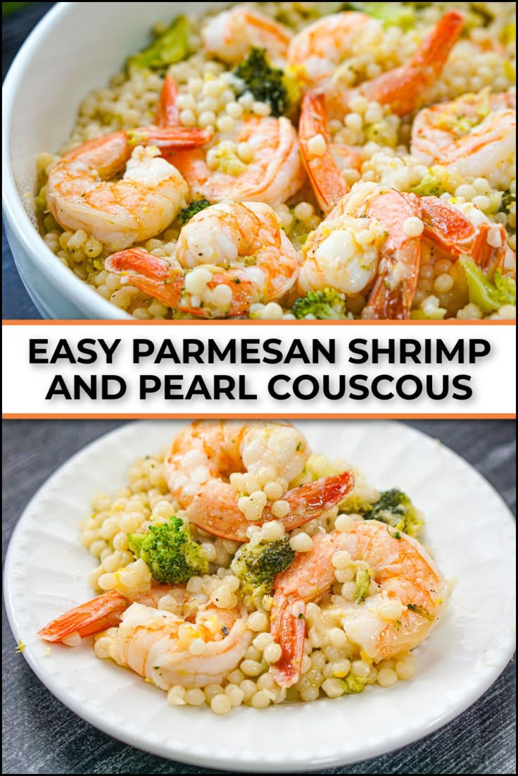 white bowl and plate with parmesan shrimp and couscous with text Garlic Pearl Couscous Recipes, Shrimp Pearl Couscous, Lemon Shrimp Couscous, Couscous Pearls Recipes, Best Pearl Couscous Recipe, Garlic Parmesan Couscous, Casseroles With Shrimp, Seafood Couscous Recipes, Couscous And Shrimp