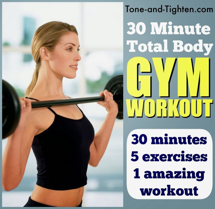 a woman lifting a barbell with the words 30 minute total body gym workout on it