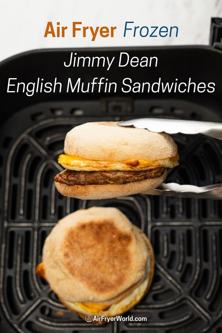 an air fryer with two sandwiches on it and the words jimmy dean english muffin sandwiches