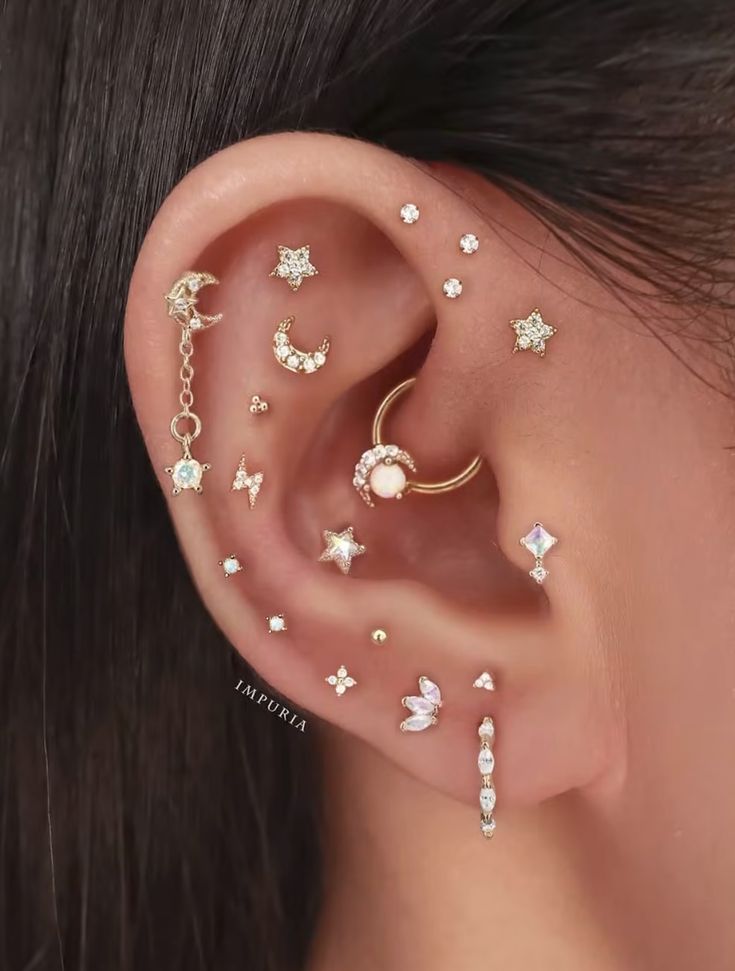 a woman's ear with several different types of piercings