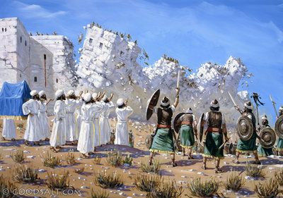 a painting of some people dressed in ancient clothing and holding shields, walking through the desert