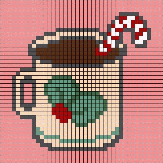 a cross stitch pattern with a mug and candy cane in it on a pink background