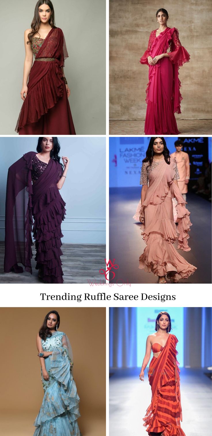 Ruffle Saree Look, Ruffle Sari Design, Raffle Sarees Design, How To Wear Ruffle Saree, Ruffel Sarees Designs, Ruffle Saree Designs, Western Saree, Wedding Wear Indian, Lehanga Saree