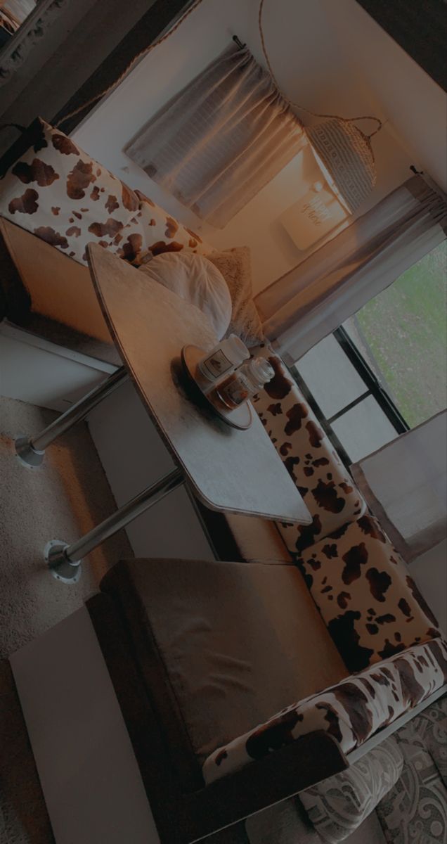 an overhead view of a living room with cow print furniture and curtains on the windowsill