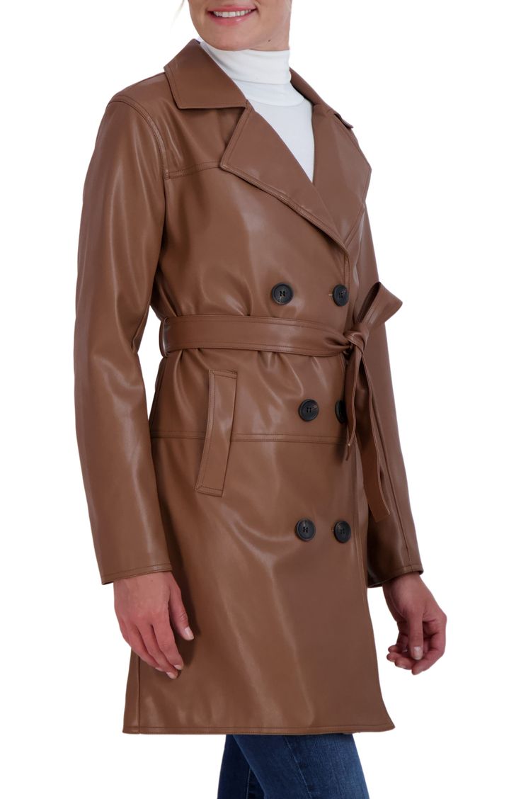 Faux leather creates an essential trench coat that is a must-have for colder days. 36.5" length Noched collar Long sleeves Double breasted closure Waist ties Dual front pockets Self: 100% PU, Lining: 100% polyester Machine wash Imported Model stats: 5'10" height, 32" bust, 25" waist, 36" hip. Model is wearing size S Fall Faux Leather Outerwear In Solid Color, Single Breasted Faux Leather Outerwear For Spring, Spring Faux Leather Belted Outerwear, Fall Faux Leather Outerwear, Spring Single Breasted Faux Leather Outerwear, Spring Faux Leather Single-breasted Outerwear, Spring Single-breasted Faux Leather Outerwear, Winter Leather Outerwear With Double-breasted Buttons, Winter Leather Double-breasted Outerwear