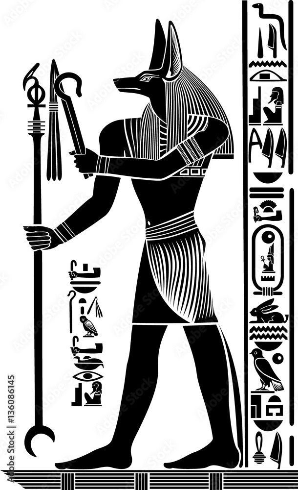 an ancient egyptian god holding a staff