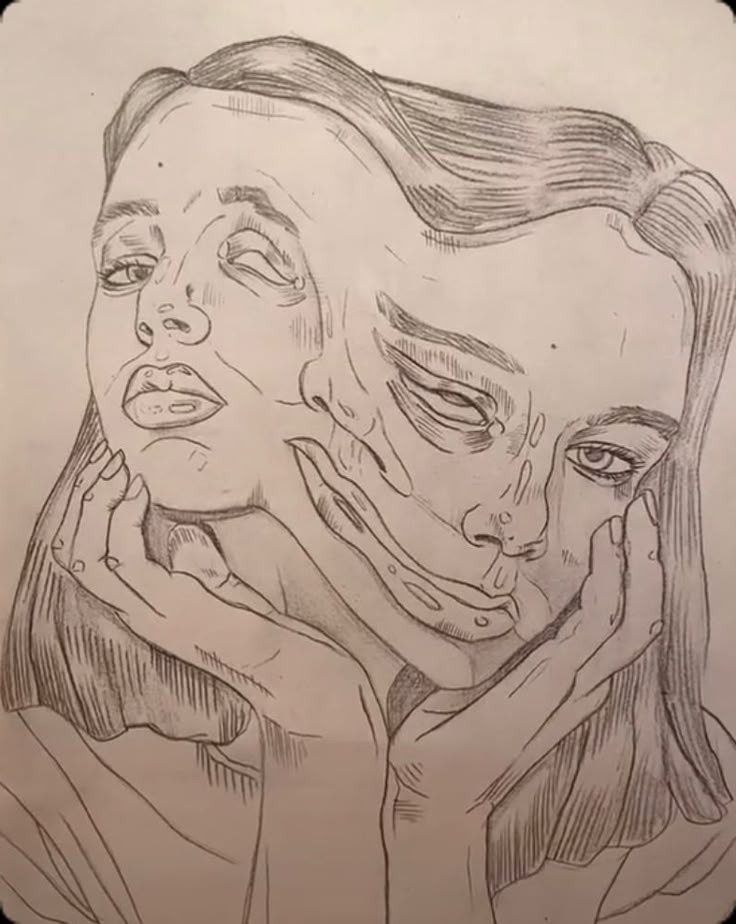 a drawing of a woman's face and hands