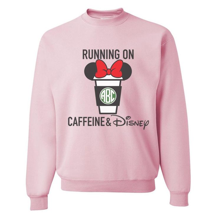 The world is a better place with Caffeine and Disney in it! Disney Crewneck Sweatshirt, Disneyland Dress, Disney Monogram, Minnie Mouse Onesie, Disney Gear, Disney Honeymoon, United Monograms, Monogram Outfit, Long Sleeve Baseball Tee