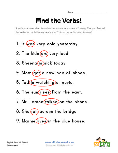 a worksheet with the words find the verbs