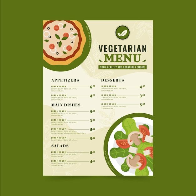 a restaurant menu with pizza and vegetables on it, in the middle of a green background