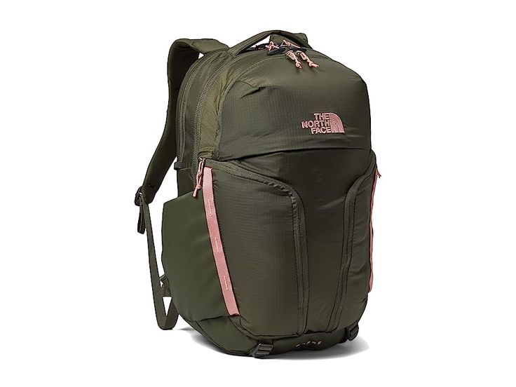 The North Face Women's Surge - Backpack Bags : New Taupe Green/Shady Rose : No matter the day, keep your essentials organized in The North Face Women's Surge backpack. Top zipper closure. Top carry padded handle and adjustable, padded shoulder straps. Removable waist belt. Sternum strap with a whistle buckle. Two external J-zip pockets, one lined with fleece. Front compartment has internal organization with secure-zip pockets and a padded tablet sleeve. External, fleece-lined pocket for sunglass Functional Bags For Hiking And Back To School, Functional Hiking Bags For Back To School, The North Face Nylon Backpack For Daily Use, Sporty Everyday Backpack By The North Face, Functional The North Face Backpack, Functional The North Face Standard Backpack, The North Face Sporty Standard Backpack, Sporty The North Face Standard Backpack, Green The North Face Backpack For Everyday