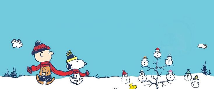 a charlie brown christmas scene with snowmen, trees and birds in the foreground