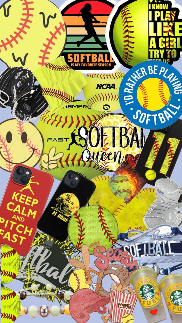 a bunch of assorted baseball and softball stickers on a blue background with the words softball