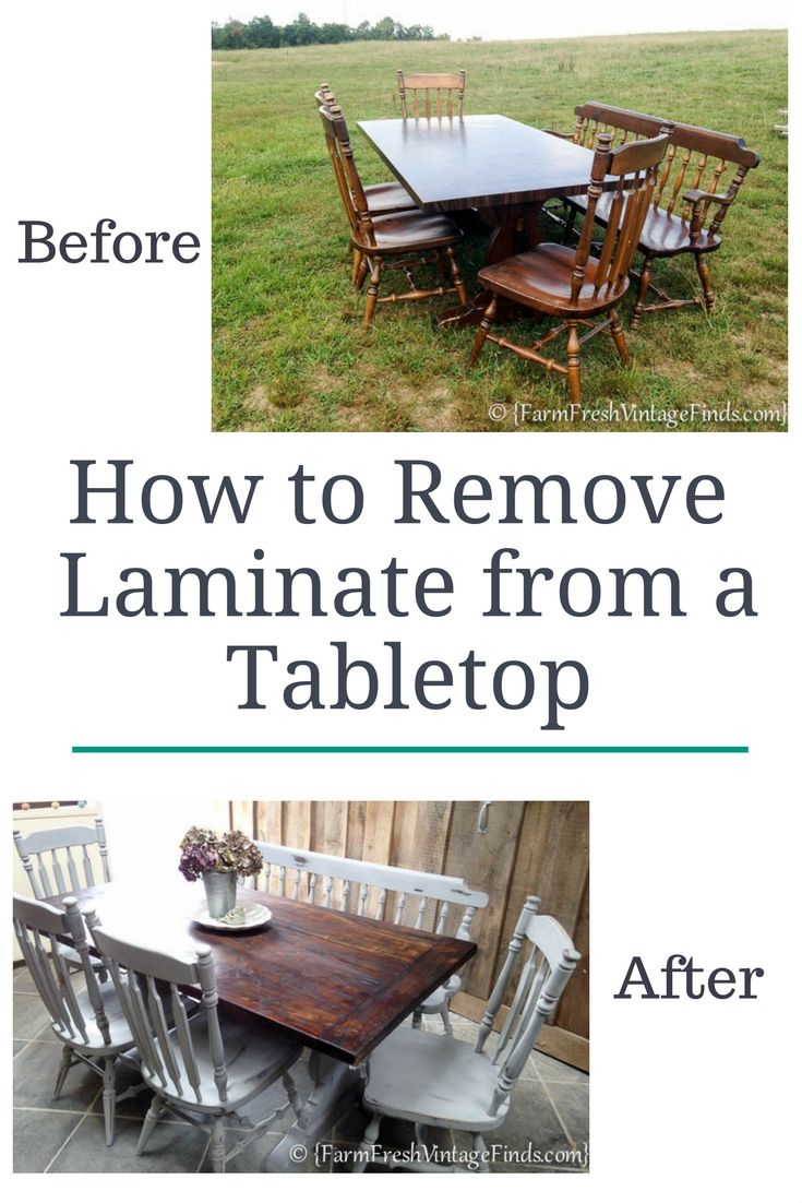 the before and after image shows how to remove laminate from a table top with chairs