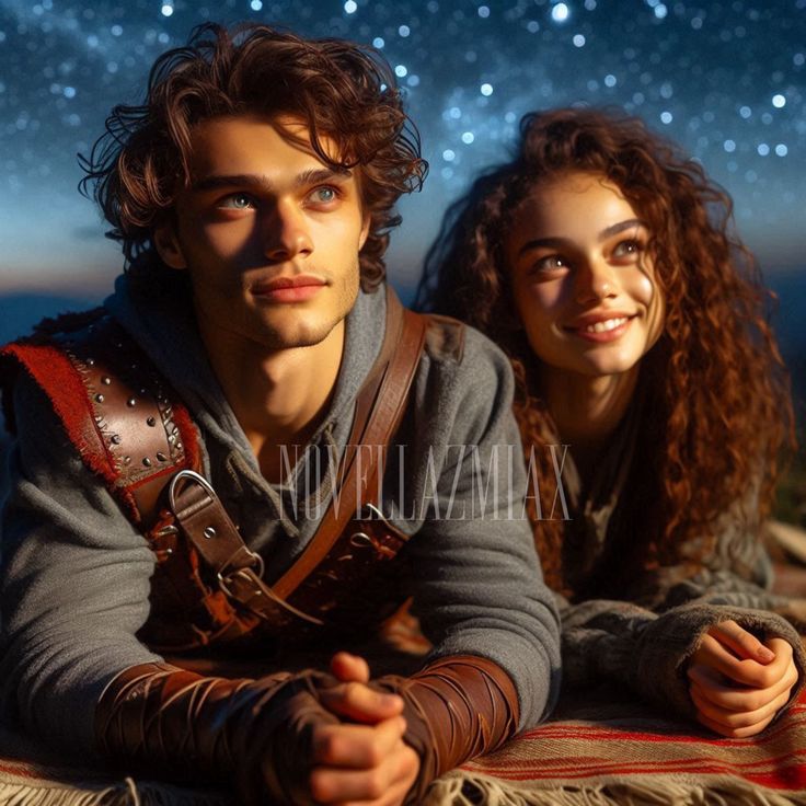 a man and woman sitting on top of a blanket under the stars in the sky