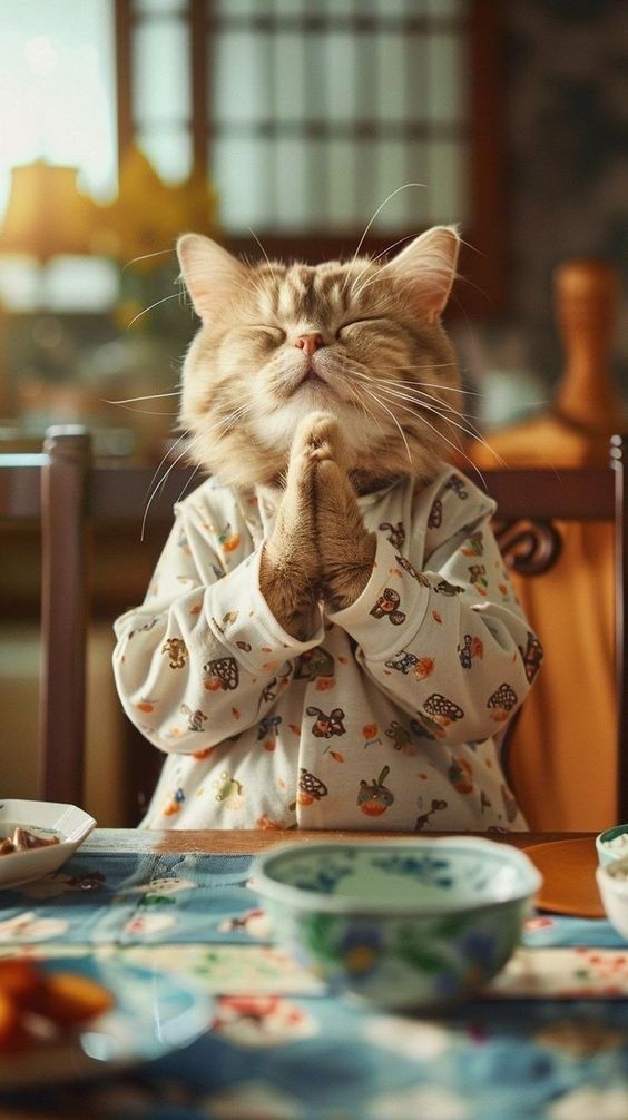 a cat sitting at a table with its eyes closed and hands clasped in front of it